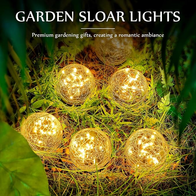 Honoson 3.9 Inch Solar Globe Lights Outdoor - Waterproof Cracked Glass Balls for Lawn Patio Yard Backyard Decorations, Warm Yellow Solar LED Lights with Easy Installation,Durable Design (6 Pcs)