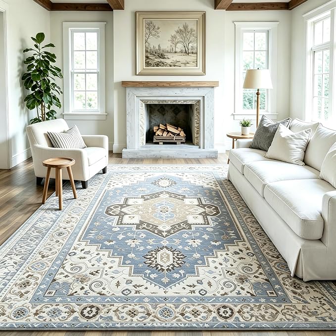 Vintage Area Rug 3x5 Ft Washable Rugs for Entryway Indoor | Blue Non Slip Kitchen Rug Printed Faux Wool Throw Rugs, Neutral Modern Indoor Mat for Entrance Bedroom Office Home Decor