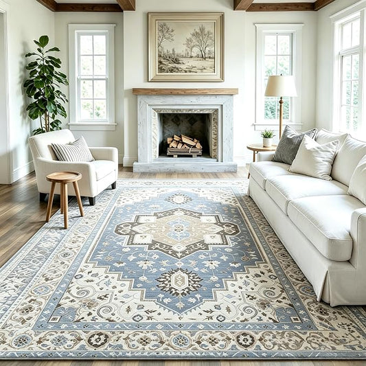 Vintage Area Rug 3x5 Ft Washable Rugs for Entryway Indoor | Blue Non Slip Kitchen Rug Printed Faux Wool Throw Rugs, Neutral Modern Indoor Mat for Entrance Bedroom Office Home Decor