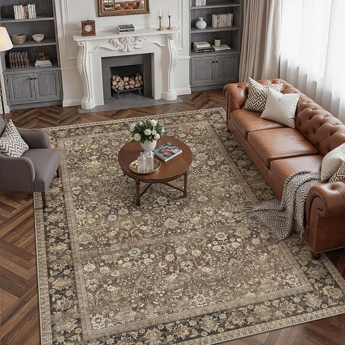 HUGEAR 7x9 Machine Washable Rugs Brown Hallway Large Area Rug Indoor Accent Rug Floral Low Pile Carpet Soft Throw Aesthetic Rug Bedroom Living Room Office Dining Room Kitchen Laundry Room