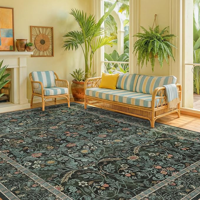 Boho 8x10 Rugs for Living Room, Dark Green Moody Washable Area Rugs for Bedroom, Dining Room Under Table, Playroom, Non Slip Low Pile Oriental Floral Woodland Flower Olive Accent Carpet