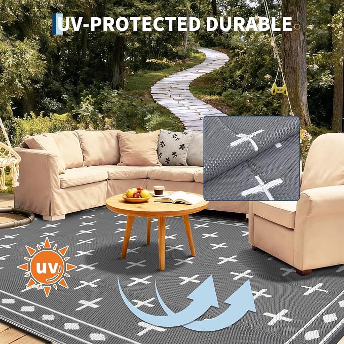 Outdoor Rug 9x12 Modern Area Rugs for Indoor and Outdoor Patios and Porches - Waterproof, Washable, Non-Shedding, Easy-to-Clean Outside Carpet，Grey/White