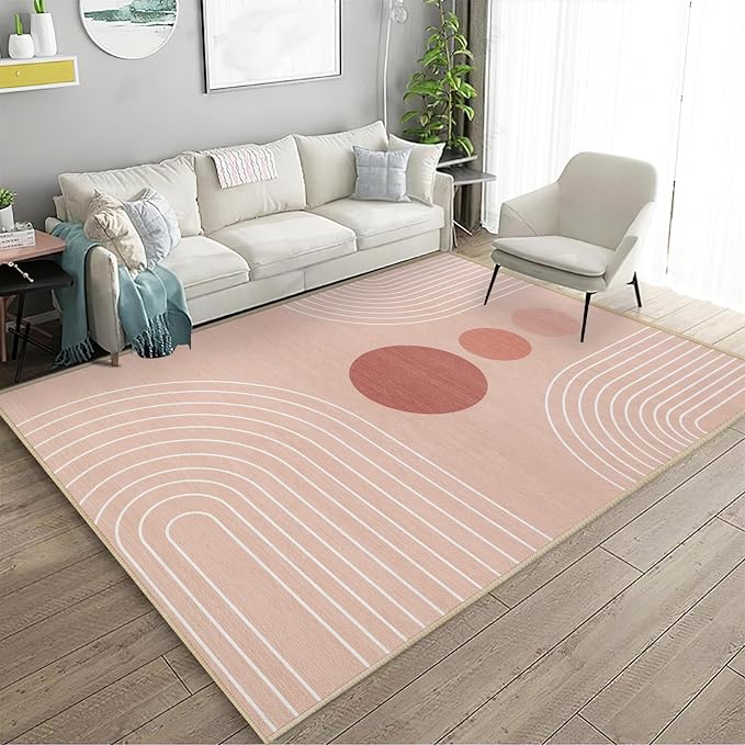 Boho Rug 4x6 Modern Geometric Minimalist Abstract Area Rug for Living Room Pink Mid Century Modern Contemporary Machine Washable Non-Slip Printed Low-Pile Carpet Dining Room Bedroom Office Pink