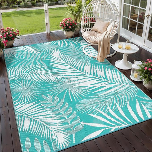 Outdoor Rug for Patios Clearance, 6x9 Waterproof RV Rugs for Outside, Reversible Plastic Straw Mat Large Quick Drying Outdoor Rugs for Deck Trailers Campers Porch Beach Backyard,Teal & White