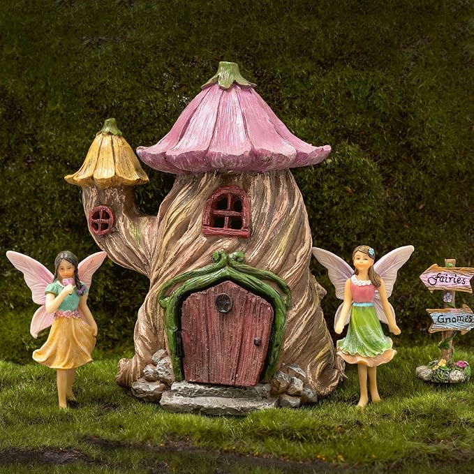 PRETMANNS Fairy Garden House Kit - Outdoor Fairy Houses for Outside with Accessories, Miniature Village Decor for Adults, Large Fairy House 7 Inch (18cm), Garden Decor Set