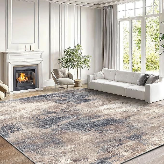 AMADA HOMEFURNISHING 9x12 Area Rugs for Living Room, Modern Large Area Rugs with Non-Slip Backing & Low Pile, Neutral Soft Washable Rug for Nursery, Bedroom, Dinning Room, Playroom, Brown