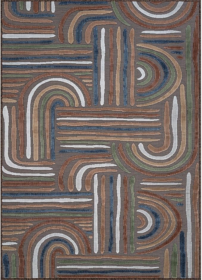 CAMILSON Indoor Outdoor Rug, Brown 5x7 Geometric Arch Striped Area Rugs for Patio and Home Areas, Easy-Cleaning Non-Shedding Living Room, Garden and Deck Washable Outside Carpet (5 x 7)