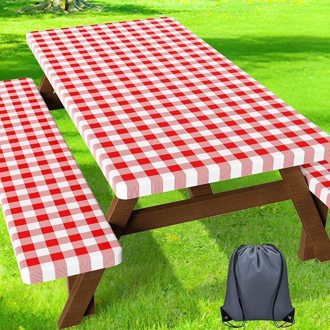 HappyTrends Fitted Picnic Table Cover with Bench Covers - 6FT Dual Layer Waterproof Camping Tablecloth with Windproof Elastic Edging & Bag, Washable RV Camping Essentials (96x30in, Red & White)