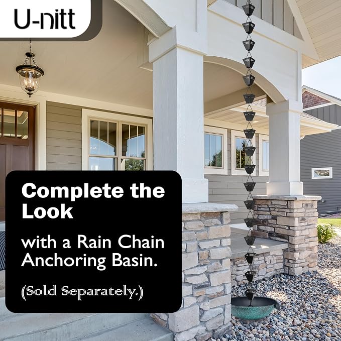 U-nitt Rain Chain Water Collection for Gutters Rainwater Catcher & Diverter, 8.5 FT Chains for Outside Garden, Black Square Cups, Roof Downspout, Works with Heavy Rain, w/ Gutter Clip for Rainchains