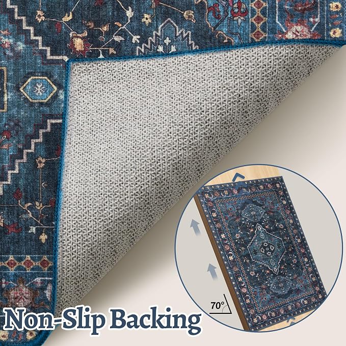 Tangsoo Oriental Blue Small 2x3 Washable Rugs, Vintage Non Slip Rug Carpet, Indoor Front Door Rug for Entryway, Door Mat Indoor Entrance Soft Low Pile Throw Rugs for Entry Kitchen Bedroom Home Decor