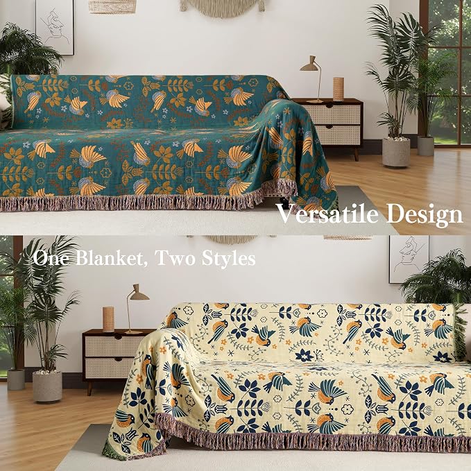 Phuryllic Boho Throw Blanket Full Size, Extra Large Soft Cozy Cotton Muslin Quilt Blanket for Bed Decor, Bird Patterned Couch Sofa Chair Cover, Vintage Farmhouse Cottage Woven Blanket, Green&Beige