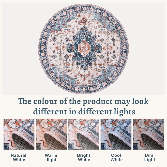 Tangsoo Washable Round Rug 4ft, Oriental Non Slip Small Circle Rug Blue | Boho Soft Low Pile Round Area Rug, Vintage Circular Rugs for Living Room Bedroom Entryway Nursery Dorm Office Blue/Orange