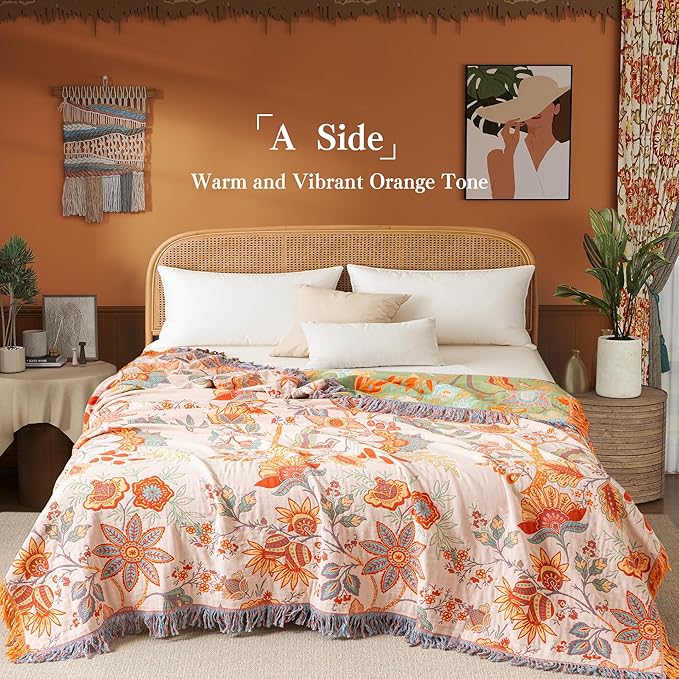 Phuryllic Boho Throw Blanket Full Size, Soft Cozy Cotton Muslin Quilt Blanket for Bed Decor, Floral Patterned Couch Sofa Chair Cover, Vintage Farmhouse Cottage Tapestry Woven Blanket, Coral&Green