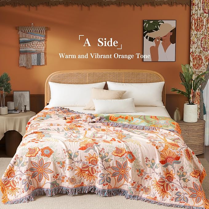 Phuryllic Boho Throw Blanket Queen Size, Soft Cozy Cotton Muslin Quilt Blanket for Bed Decor, Floral Patterned Couch Sofa Chair Cover, Vintage Farmhouse Cottage Tapestry Woven Blanket, Coral&Green