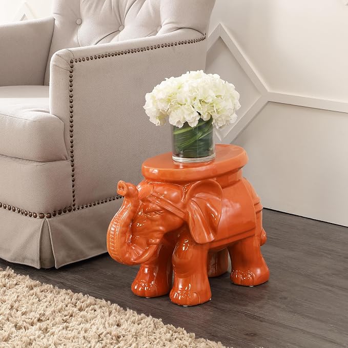 JONATHAN Y White Elephant 14.25" Glazed Ceramic Elephant Garden Stool, Weather-Resistant Indoor/Outdoor Patio Side Table and Plant Stand, Bohemian, Orange TBL1007C