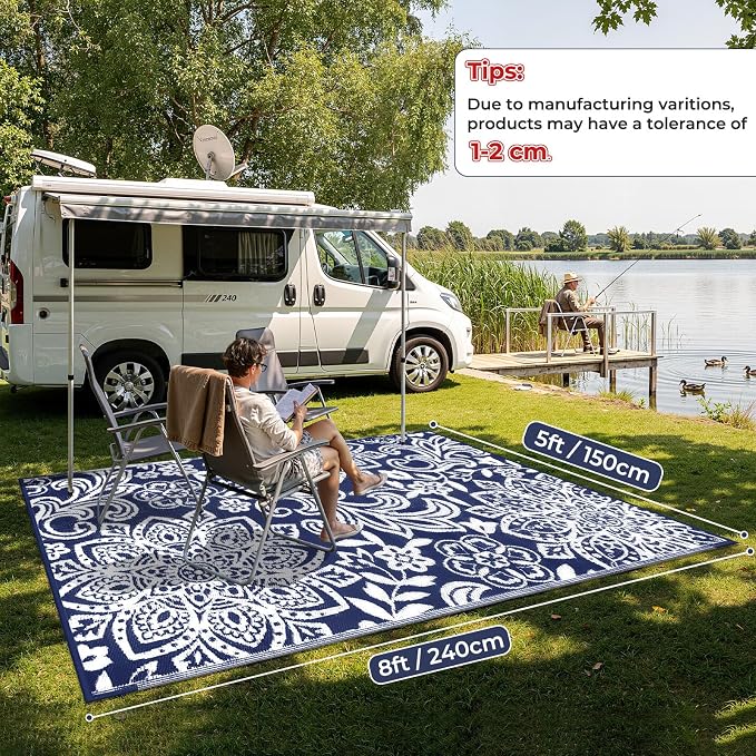 Findosom Waterproof Outdoor Rug 5' x 8' - Reversible Mandala Outdoor Plastic Straw Rug, Durable Foldable Patio Rug for RV, Deck, Balcony, Backyard, Picnic, Porch, Camping, Beach, Navy
