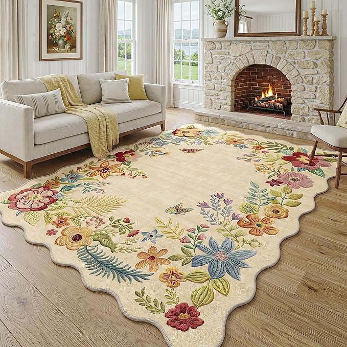 FMFUNCTEX 5x8 Washable Beige Floral Boho Scalloped Area Rug for Living Room | Vintage Flower Colorful Traditional Soft Cream Non Slip Low Pile Large Pattern Indoor Thin Carpet Bedroom Dining Room Nursery