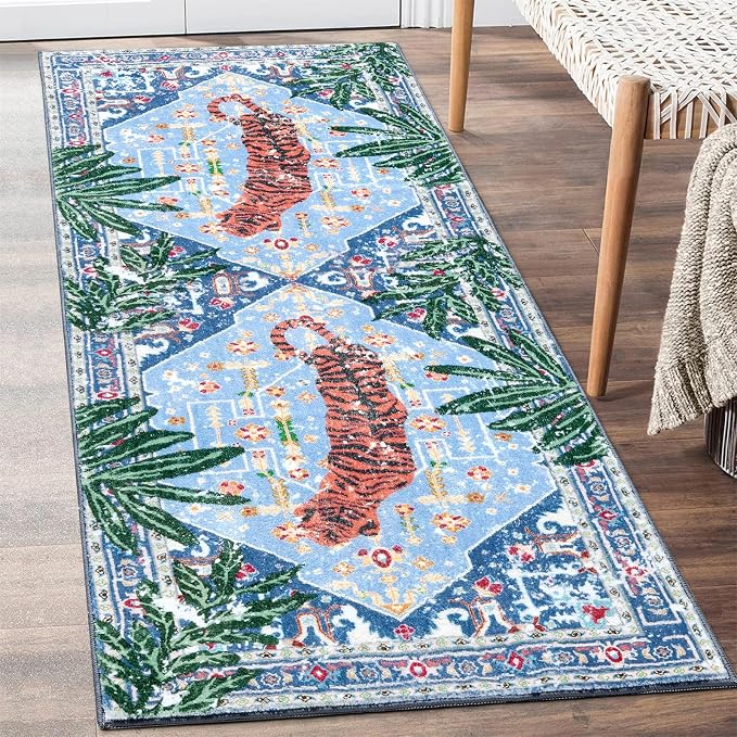 Oriental Tropical Hallway Runner Rug 2x8 Washable, Thin Stain Resistant Blue Boho Runner Rug for Entryway Kitchen Bedroom Laundry, Vintage Abstract Hippie Indian Botanical Long Floor Carpet