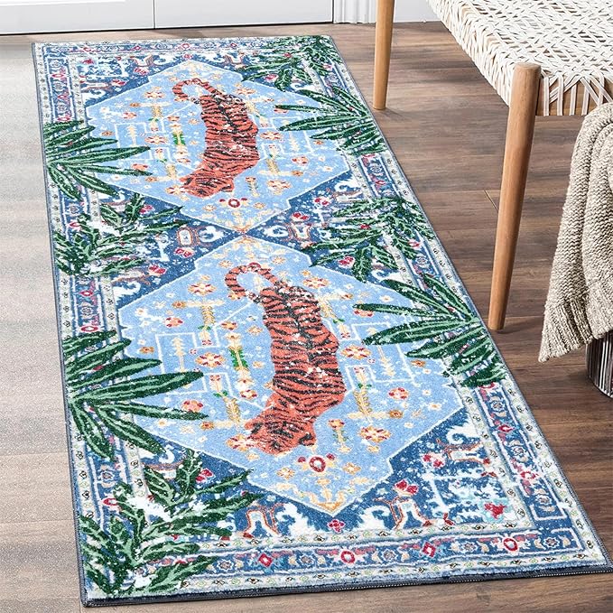 Oriental Tropical Kitchen Runner Rug 2x5 Washable, Thin Stain Resistant Blue Boho Bathroom Runner Rug for Hallway Entryway Bedroom Laundry, Vintage Abstract Hippie Botanical Long Carpet