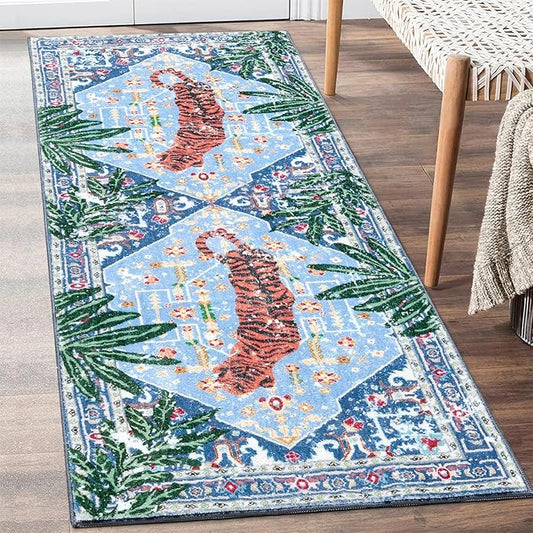 Oriental Tropical Kitchen Runner Rug 2x5 Washable, Thin Stain Resistant Blue Boho Bathroom Runner Rug for Hallway Entryway Bedroom Laundry, Vintage Abstract Hippie Botanical Long Carpet