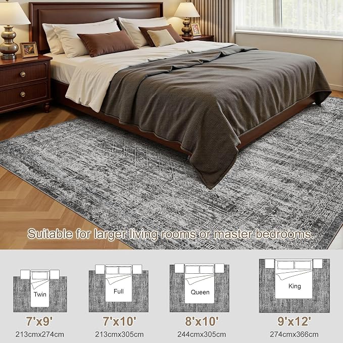 UERMEI 9x12 Area Rug Living Room Rugs - Washable Neutral Modern Abstract Soft Thin Rug Indoor Floor No Slip Rug Carpet for Bedroom Under Dining Table Home Office Decor - Dark Gray