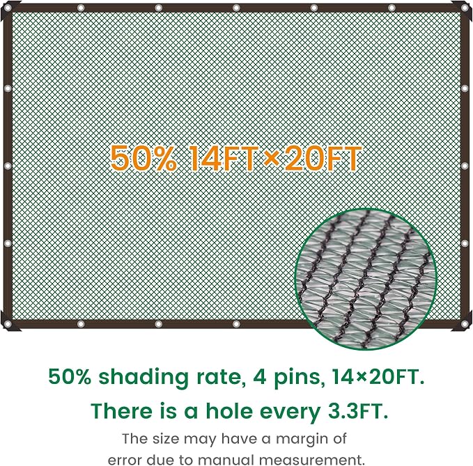 50% 14 X 20 FT Green Shade Cloth, Outdoor Woven Sun Shade with Grommets, Durable Breathable Netting Shading Antifreezing for Patio, Garden, DIY Home, Plants Cover, Greenhouse, Dog Kennel