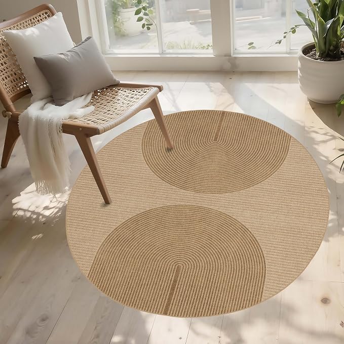 Easy Jute Round Rug 4ft: Outdoor Natural Area Rugs for Front Patio Linen-Look Fabric Durable - Neutral Washable Carpet Mat for Entryway Bedroom Bathroom Non-Slip - Geometric Arch Pattern