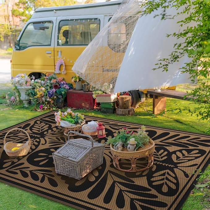 GENIMO Outdoor Rug 5' x 8' Waterproof for Patio Clearance, Reversible Plastic Straw Camping Mat, Lightweight Carpet for Rv, Camper, Deck, Porch, Picnic, Balcony, Beach, Jet Black & Brown