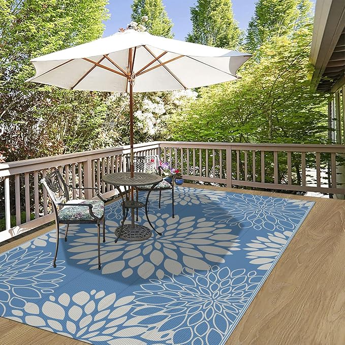 Ileading Waterproof Outdoor Rug 5x8, Reversible Plastic Straw Patio Rug, Portable Indoor Outdoor RV Camping Mat Carpet for Deck, Porch, Balcony, Backyard, Picnic, Floral Dusty Blue