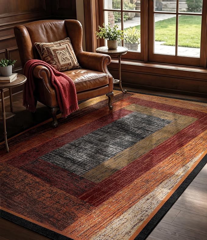 Brown Geometric Woody Area Rug 3x5 for Bedroom,Retro Farmhouse Rugs Washable,Vintage Rug Non Slip, Boho Area Rug for Kitchen,Dining Room,Living Room