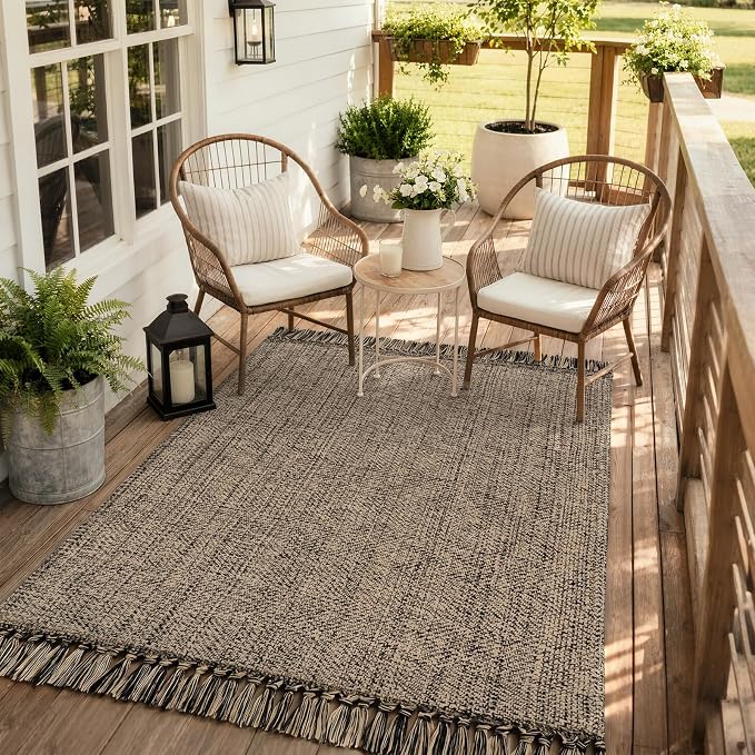 4' x 6' Bedroom Area Rug, Modern Farmhouse Indoor Outdoor Rugs | Boho Living Room Rug, Natural/Black Hand Woven Comfy Bedside Mats Reversible Dining Room Carpet for Nursery Room Patio Decor