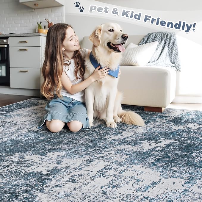 pmtsns Area Rugs 9x12 for Living Room: Washable Rug Modern Abstract Neutral Soft Non-Slip Low-Pile Indoor Large Carpet for Bedroom Dining Room Playroom Home Office (Blue Grey, 9'x12')