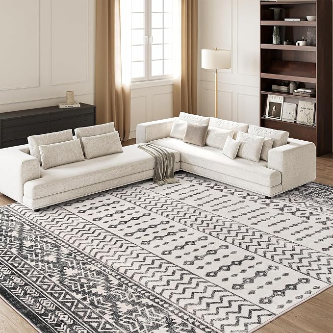 Art&Tuft 6x9 Area Rugs for Living Room, Large Washable Rug Non Slip, Black | Low Pile, Soft & Lighweight, Folable, Stain Resistant Indoor Moroccan Carpet for Bedroom, Kitchen, Dining Room, Home Office