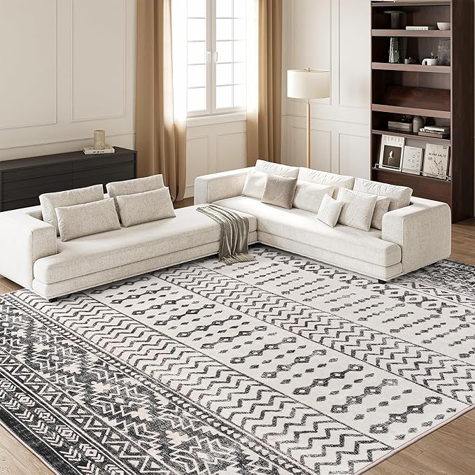 Art&Tuft 9x12 Area Rugs for Living Room, Large Washable Area Rug, Black | Low Pile, Soft & Lighweight, Folable, Stain Resistant Indoor Floor Mat Moroccan Carpet for Bedroom, Dining Room, Home Office