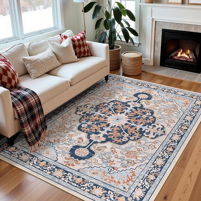 U'Artlines Boho Vintage Area Rug 8x10 Machine Washable Carpet, Orange Blue | Low Pile, Non Slip, Ultra-Thin Soft Floor Carpet, Accent Rug for Living Room Bedroom Entryway Dining Room Office