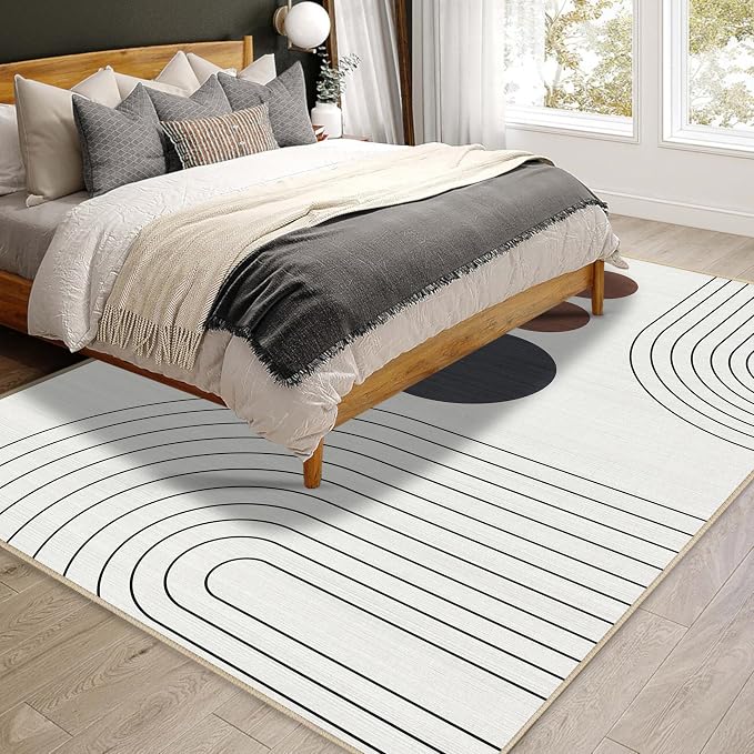 Boho Rug 4x6 Modern Geometric Minimalist Abstract Area Rug for Living Room Ivory Cream Mid Century Modern Contemporary Machine Washable Non-Slip Printed Low-Pile Carpet Dining Room Bedroom Office