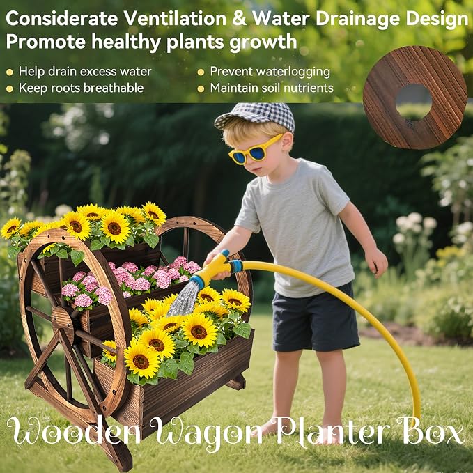 3 Tier Large Wooden Wagon Planter Box|Outdoor Planter/Flower Pot for Indoor&Outdoor Plants-Rustic Garden Planter for Patio,Porch&Garden Decor-Raised Garden Bed for Succulents,Herbs,Vegetables