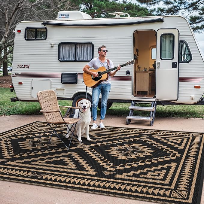 GENIMO Outdoor Rug for Patio Clearance - 6x9 ft Waterproof Plastic Camping Rugs, Reversible Outside Rv Mat Carpet for Porch, Deck, Picnic, Balcony, Beach, Backyard, Black Brown