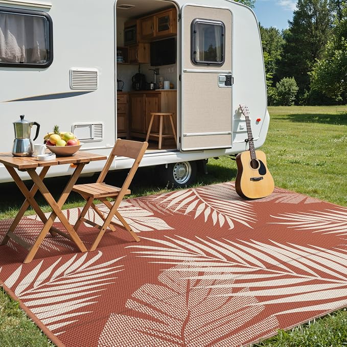 GENIMO Outdoor Rug 8' x 10' Waterproof for Patios Clearance, Reversible Plastic Straw Camping Carpet, Large Area Rugs Mats for RV, Picnic, Backyard, Deck, Balcony, Porch, Beach, Brick&Red