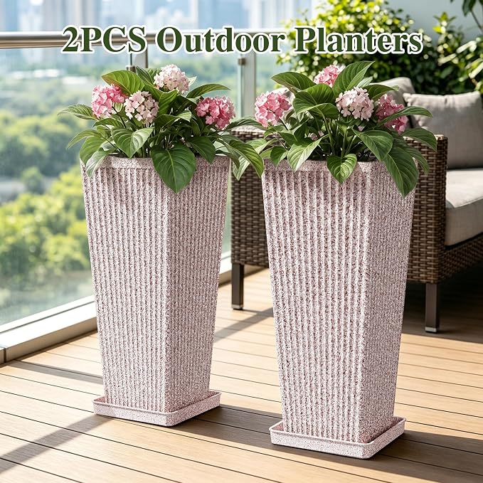 Square Tall Planters for Outdoor Plants Set of 2 - Faux Stone Fluted Large Outdoor Planters for Porch with Tray Saucers and Drainage Holes, Tall Indoor Flower Pots for Patio Garden, Red White