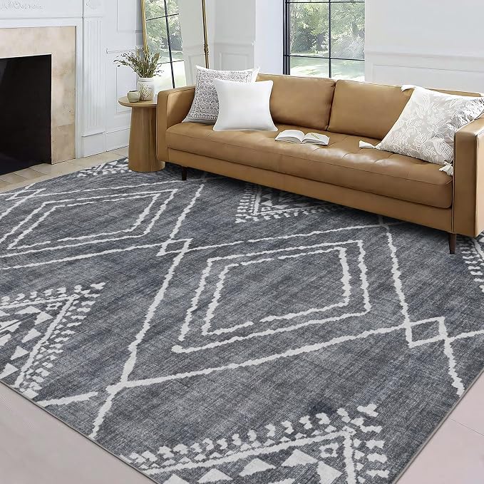Machine Washable Area Rug Runner - Living Room Bedroom Bathroom Kitchen Entryway Office - Padded Low Pile Stain Resistant Premium - Moroccan Diamond Tribal - Jax - Gray 3' x 5'