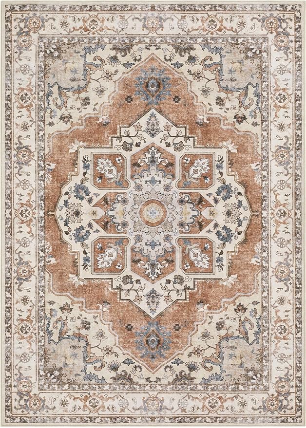 10x14 Washable Area Rug: Vintage Neutral Soft Non Slip Thin Large Floor Carpet for Living Room Bedroom Kitchen Dining Room Home Office Farmhouse Indoor - Brick Red