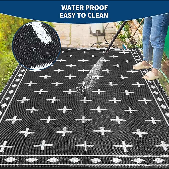 Outdoor Rug 9x12 Modern Area Rugs for Indoor and Outdoor Patios and Porches - Waterproof, Washable, Non-Shedding, Easy-to-Clean Outside Carpet，Black/White