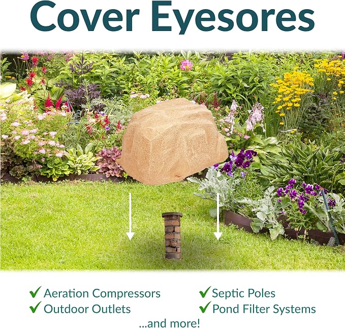 Sunnydaze 14” H Medium Faux Landscape Rock Cover - Lightweight Polyresin Fake Rock Well Pump Cover for Outside – Realistic Natural Texture – Sand
