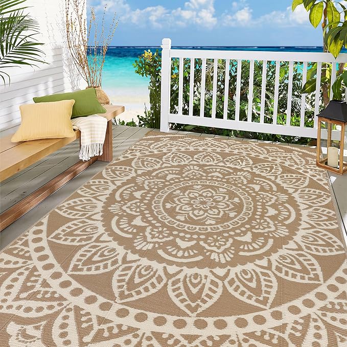 Bsmathom Waterproof Outdoor Rug 6'x9' Reversible Boho Plastic Straw Patio Deck Camping Rugs, Indoor Outdoor Portable RV Mat Clearance Carpet for Outside, Porch, Balcony, Backyard, Beach, Pool,Brown