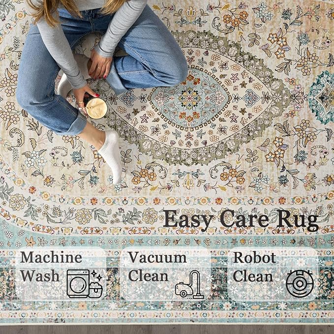 Round Area Rugs 5ft Washable,Blue Rug for Living Room Bedroom | Large Boho Vintage Bohemian Distressed Oriental Carpet Non Slip for Dining Room,Floral