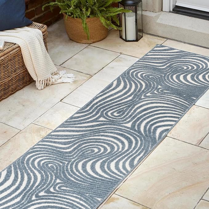 JONATHAN Y Maribo High-Low Abstract Striped Dark Blue/Cream 2x8 Indoor/Outdoor Runner Rug for Patio, Backyard, Living Room, Bedroom, Office, Hose-Washable (SCN103E-28)