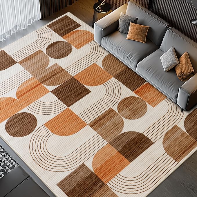 Soft Modern Geometric Abstract Large Machine Washable 4x6 Area Rug | Orange Rugs for Bedroom Living Room, Non-Shedding Faux Wool Indoor Throw Floor Carpet for Office Entryway Dining Room Decor