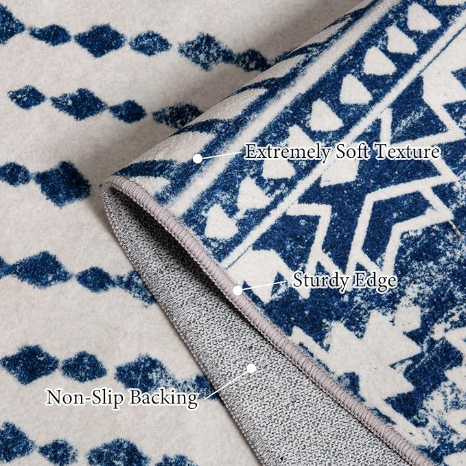 Art&Tuft 2'6"x8 Runner Rug Non Slip, Washable Rug Runners for Hallways,Blue | Low Pile, Moroccan Soft & Lighweight, Folable, Stain Resistant 2.5x8ft Carpet Runner for Entryway,Kitchen,Living Room,Bedroom