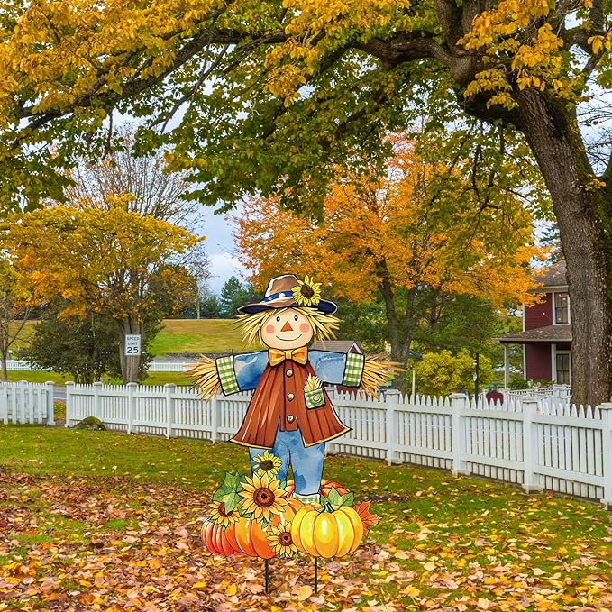 JarThenaAMCS 33" H Fall Scarecrow Metal Garden Stakes Rustic Pumpkin Pile Scarecrow Decorative Lawn Sign for Autumn Thanksgiving Home Outside Lawn Porch Decor